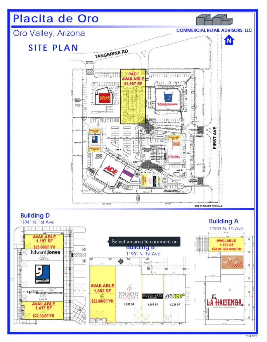Tucson Arizona shopping center site plan of spaces available.